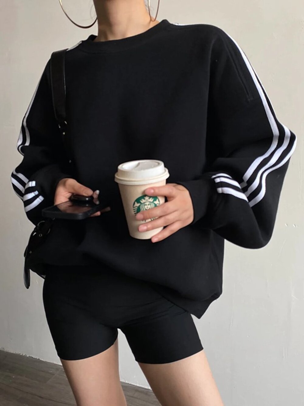 Commense Black Crewneck Sweater with White Shoulder Stripes - Picture 2 of 6